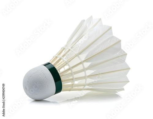 Classic white feather badminton shuttlecock lying down isolated on a pure white background.