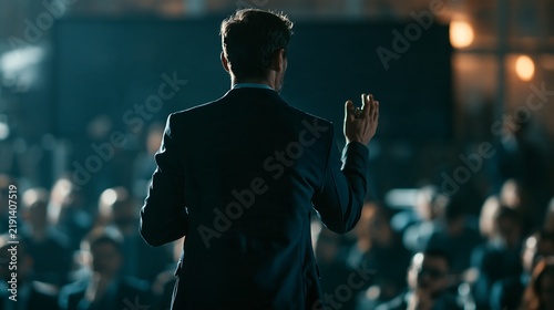 Cinematic back view of key speaker giving presentation on stage to a large audience at international business summit
