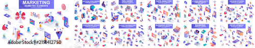 Mega set of vector isometric elements. Contains such banking, business office, cloud technology, cyber security, data analysis, development, marketing and more. Bundle isometry vector illustrations.