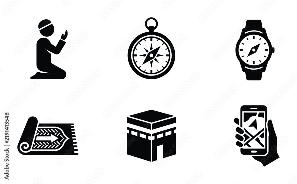 Obraz premium Islamic Icons Set: Prayer, Kaaba, Compass, Watch, GPS Navigation, Prayer Mat, Black Silhouette Graphics for Travel and Faith