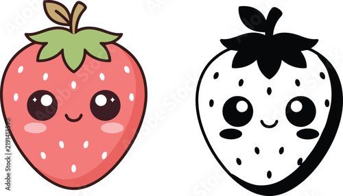 Kawaii strawberry character vector, cute smiling fruit mascot set, red berry emoji and black white outline icons for kids