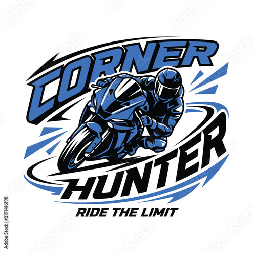 Blue Sportbike Motorcycle Corner Hunter T-Shirt Design Vector