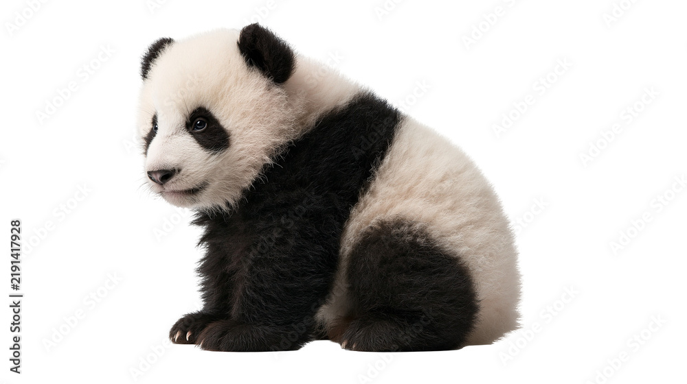 Fototapeta premium Fluffy baby giant panda cub sitting and looking to the side