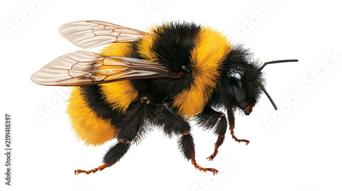 Bild auf Leinwand Fuzzy yellow and black striped bumblebee with translucent wings