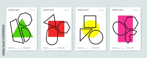 Minimal Abstract Geometric Modern Poster Set Design with Colorful Shapes and Black Outlines. Vector Illustration