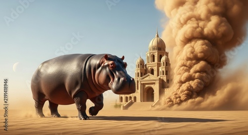 Hippopotamus walking past ancient temple in dust storm.