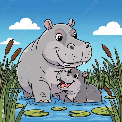 Happy Hippos in a Lush Water Lily Pond.