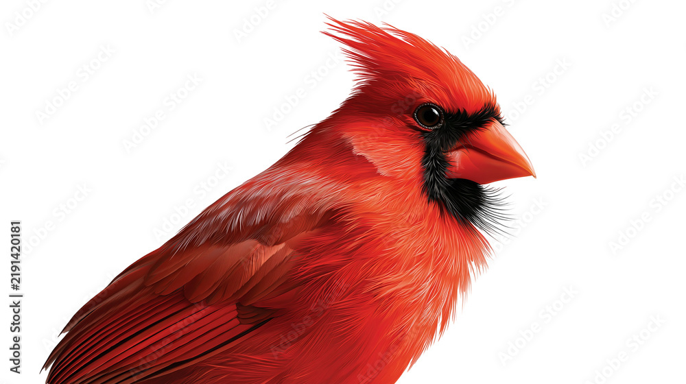 Fototapeta premium Vibrant male northern cardinal bird with bright red plumage and black face mask