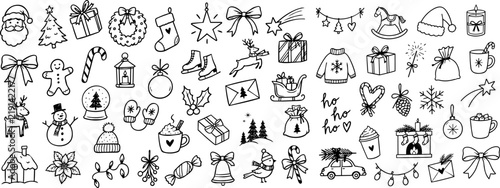 Hand drawn Christmas doodle collection with Santa, gifts, ornaments, snowman, reindeer and cozy winter holiday symbols in black outline style