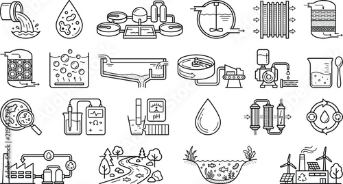 Water Treatment and Wastewater Management Line Icon Set with Filtration, Purification, Recycling, Laboratory Testing, Industrial and Environmental Symbols