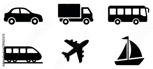 Black silhouette transportation icons including a car truck bus train airplane and sailboat representing various modes of global travel and commercial logistics