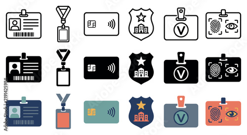 Identification badge and security card icon set featuring lanyards smart cards police shields and biometric scanning symbols in multiple design styles
