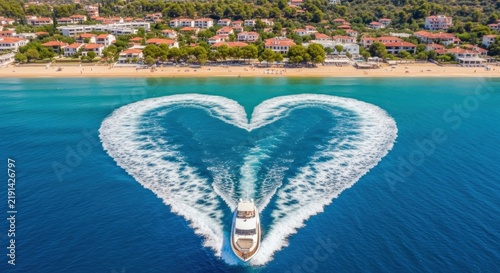 A boat sailing on the ocean near a beach with a heart-shaped wake.