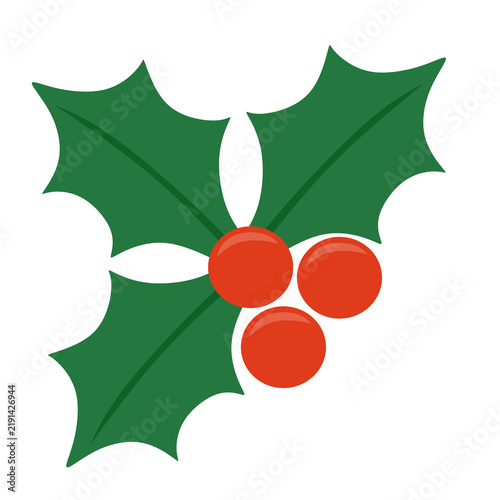 Green holly leaves frame three red berries