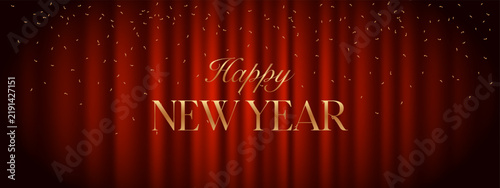 Elegant Happy New Year greeting with golden typography and falling confetti on luxurious red curtain background, ideal for festive banners and cards