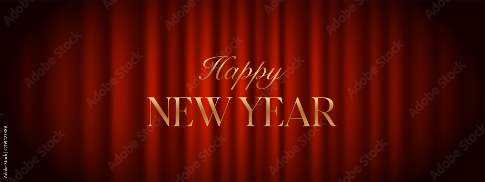Obraz premium Elegant Happy New Year greeting with luxurious golden typography on a deep red curtain background, ideal for festive cards, banners and invitations