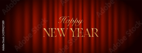 Elegant Happy New Year greeting with luxurious golden typography on a deep red curtain background, ideal for festive cards, banners and invitations