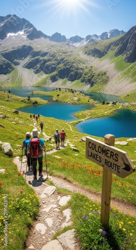 Hikers exploring alpine lake trail in mountain landscape.