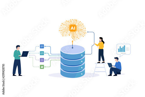 Obraz na płótnie Artificial intelligence connected to database, code and analytics with people using laptops, representing AI data processing and digital workflow. Vector illustration.