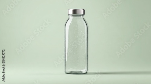 hyperrealistic product photograph of a single elegant reusable transparent glass water bottle with a minimalist metal cap, isolated against a soft