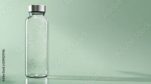 hyperrealistic product photograph of a single elegant reusable transparent glass water bottle with a minimalist metal cap, isolated against a soft