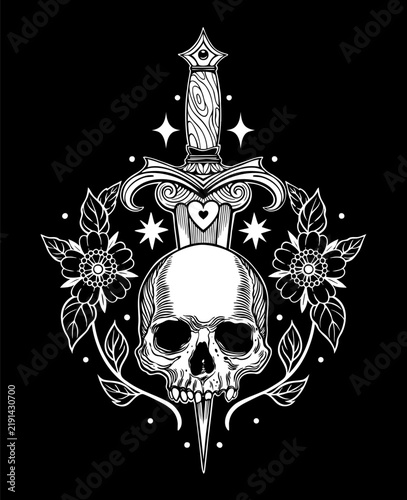 Dagger Piercing Human Skull with Flowers Vector Art