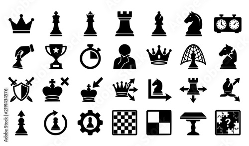 Bild auf Leinwand Chess Game King Queen Knight Strategy Black Silhouette Vector Icon Set