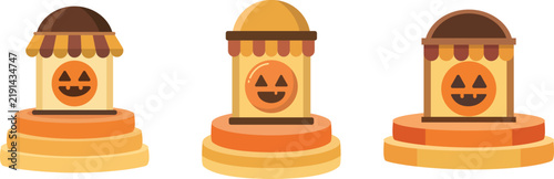 Cute jack o lantern Pumpkin Market Stalls with Smiling Faces.