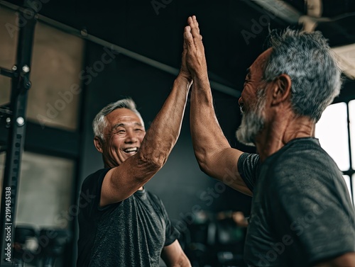 Two Asian friends in their 60s giving each other a high five after completing a challenging functional fitness workout, genuine happiness, healthy mature bodies, minimalist sports hall, active ageing