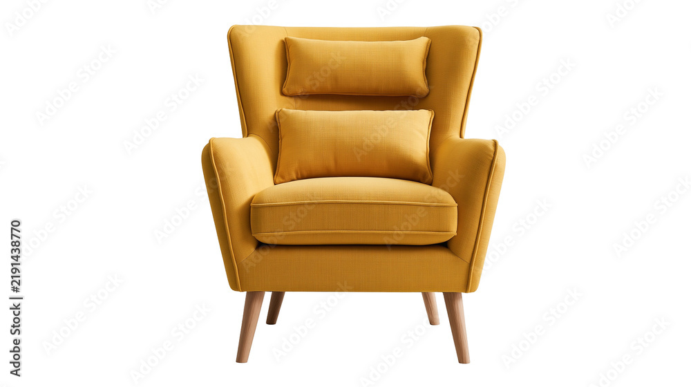 Fototapeta premium Mustard yellow fabric armchair with two rectangular cushions and wooden legs