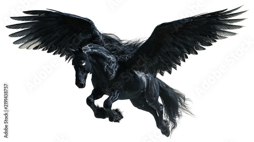 Konstfotografi Majestic black pegasus with large feathered wings in flight