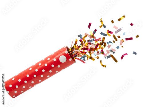 Festive party popper bursting with colorful confetti for birthdays, anniversaries, celebrations, and special events. isolated on white or transparent background. PNG format.