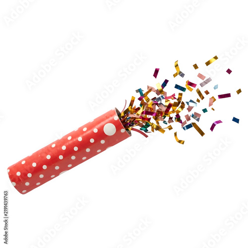 Festive party popper bursting with colorful confetti for birthdays, anniversaries, celebrations, and special events. isolated on white or transparent background. PNG format.