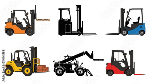 Принти на полотні Set of vector collection featuring different forklifts, counterbalance forklift,