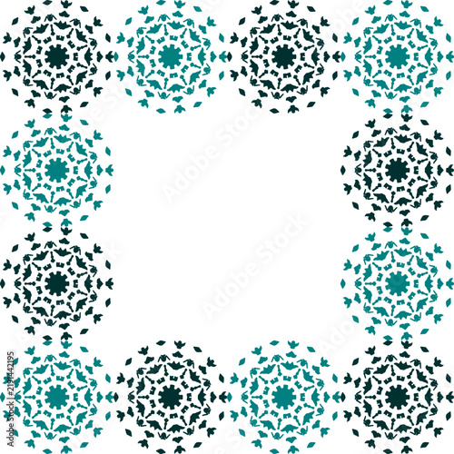 green and black frame, pattern with mandala flower, star flower asterisk pattern on white background as seamless repeat style replete image design for fabric printing, dot pattern