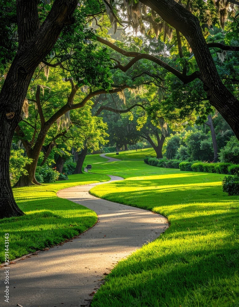 Obraz premium A serene pathway winds through a lush, sun-dappled park filled with mature trees.