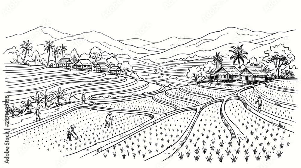Fototapeta premium Hand drawn illustration of traditional rice terraces with farmers working in the fields.