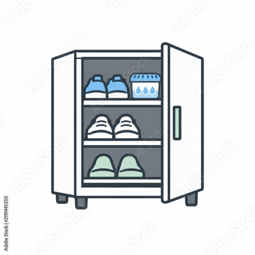 Naklejka 除湿剤や消臭剤と一緒に靴を並べた下駄箱、湿気のない靴収納のイラスト