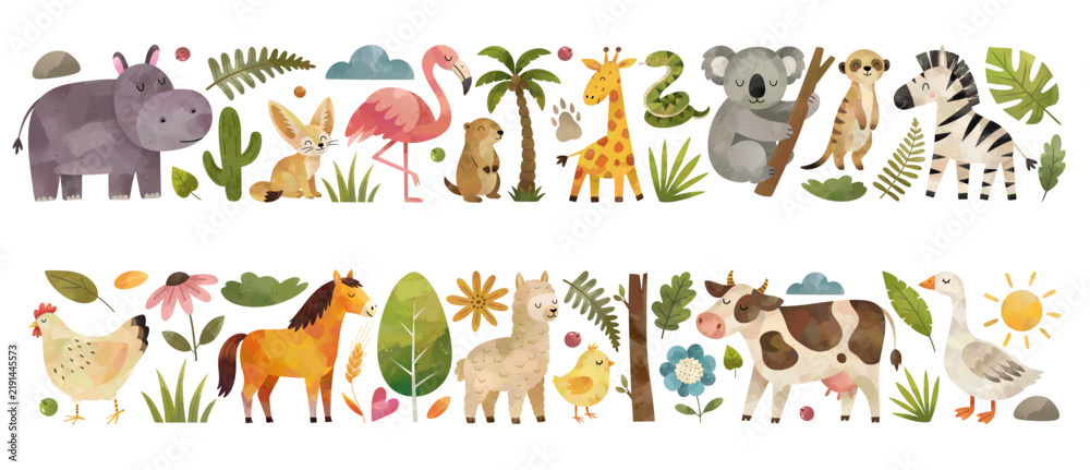 Obraz premium Watercolor borders with animals. Cute hand drawn farm and wild animals dividers. Hippopotamus, flamingo, giraffe, koala, zebra, horse, cow