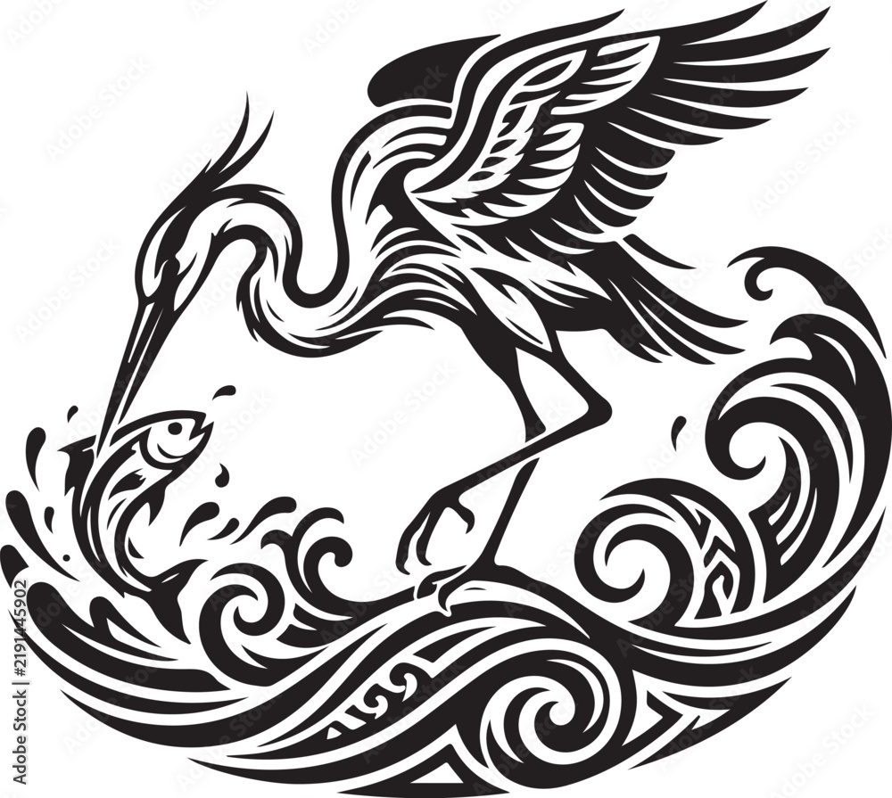 Fototapeta premium Stylized heron bird hunting fish vector, tribal crane silhouette in ocean waves, black and white wildlife logo graphic