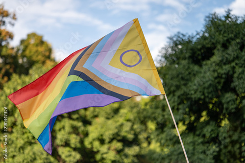 Rainbow Pride Flag with Intersex Symbol Against Blue Sky