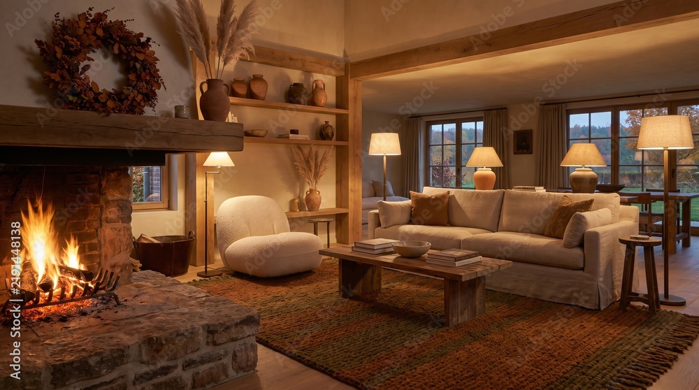 Fototapeta premium Cozy living room interior with burning stone fireplace and comfortable beige furniture