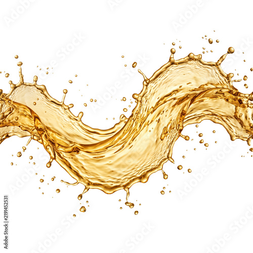 Golden Liquid Splash Wave, Amber Beverage Dynamic Flow, Refreshing Drink Motion, Abstract Fluid Energy, Isolated on White