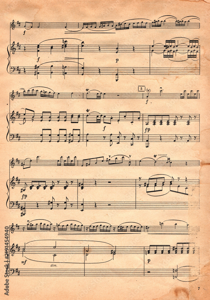 Fototapeta premium Vintage Sheet Music Page Printable Ephemera for Junk Journals, Scrapbooking, Crafts Real Old Music Notes. Scanned Music sheet. Use as background for scrapbook and junk journal making. Antique stains.