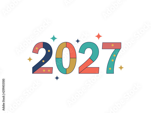 Colorful 2027 new year greeting design with decorative stars and geometric shapes