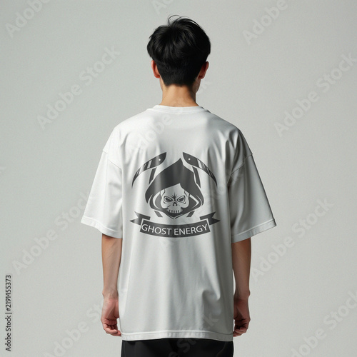 White t-shirt with grim reaper and ghost energy graphic