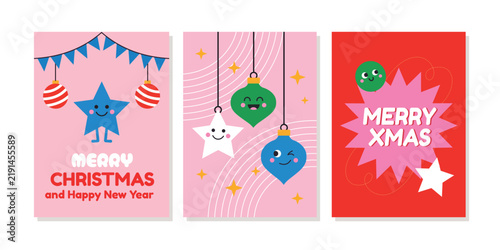Cute cartoon character christmas cards with happy star and ornament faces on pink backdrop.