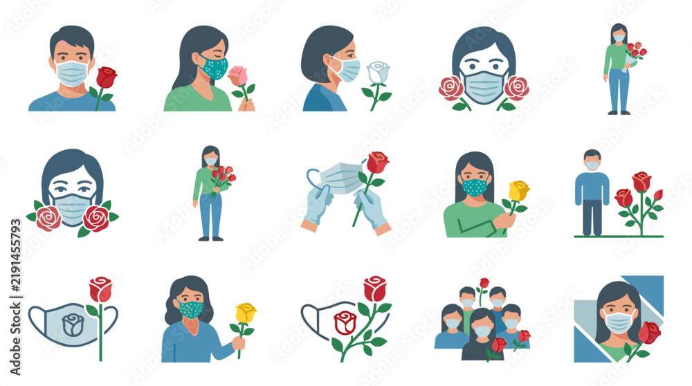 Fototapeta premium Vector illustration of a person wearing a protective medical face mask for health safety, hygiene, and virus prevention, isolated on white background in a clean flat design style.