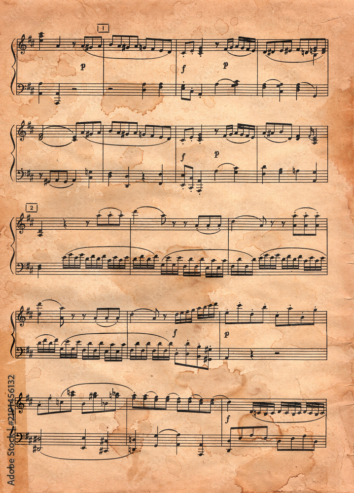 Fototapeta premium Vintage Sheet Music Page Printable Ephemera for Junk Journals, Scrapbooking, Crafts Real Old Book Page. Scanned Music sheet. Use as background for scrapbook and junk journal making. Music Notes