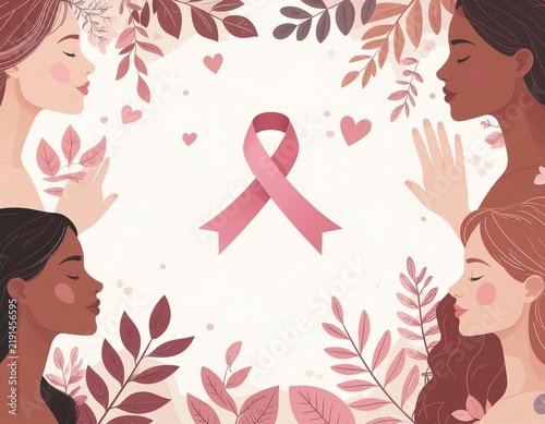 Diverse Women Supporting Breast Cancer Awareness with Pink Ribbon
